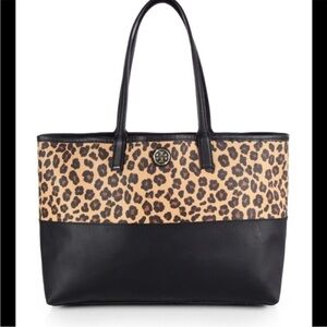 Like New! TORY BURCH Tote Kerrington Leopard Ocelet, Black and Tan
